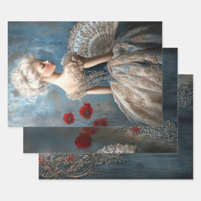 Baroque Ballet, Elegant Rococo Portrait & Poppies Wrapping Paper Sheet (Set)