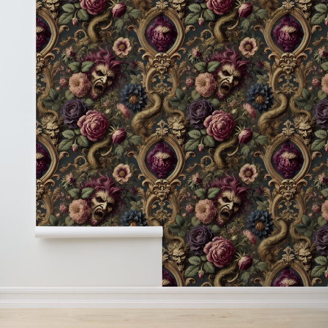 Baroque Battles & Blooms – Gothic Floral Design Wallpaper (Application)