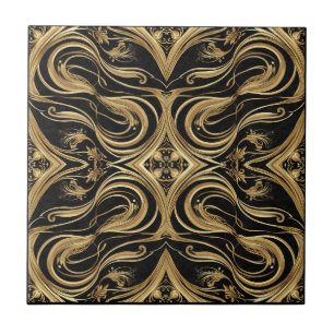 Baroque Black and Gold Swirling Ornate Pattern Tile