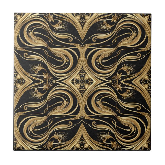 Baroque Black and Gold Swirling Ornate Pattern Tile (Front)