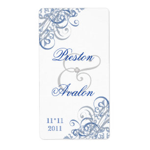 Baroque Blue Scroll White Wedding Wine Label