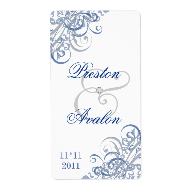 Baroque Blue Scroll White Wedding Wine Label (Front)