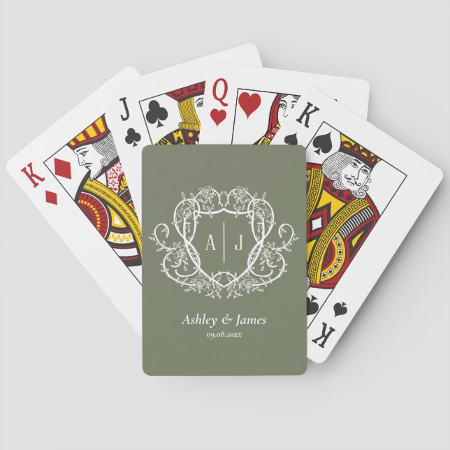 Baroque Botanical Sage Monogram Crest Wedding Playing Cards (Back)