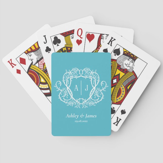 Baroque Botanical Turquoise Monogram Crest Wedding Playing Cards (Back)