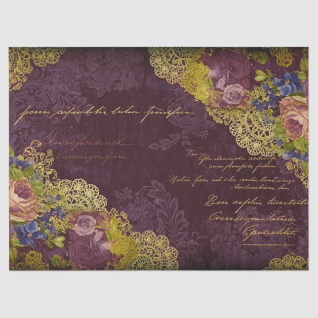 Baroque Burgundy Blooms & Gold Splatter Decoupage Tissue Paper (Front)
