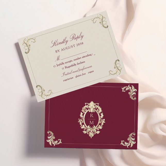 Baroque Burgundy Gold Wedding RSVP Card (Creator Uploaded)