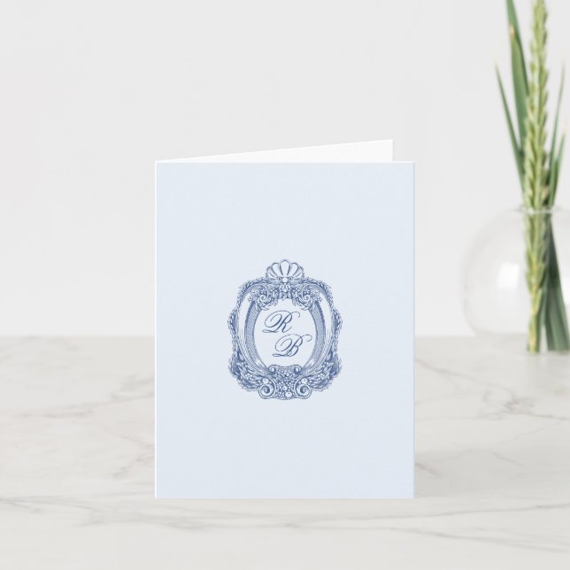 Baroque Crest French Blue Initials Wedding Photo Note Card (Front)