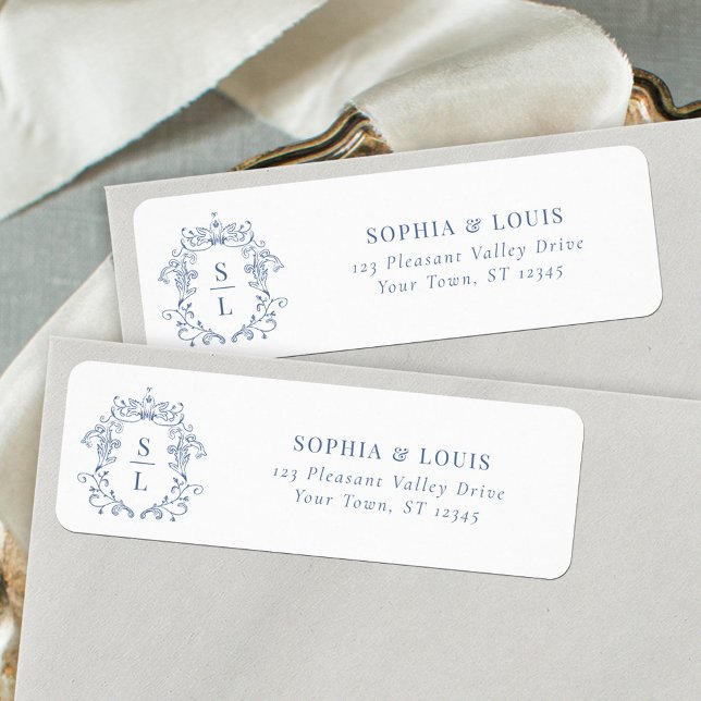 Baroque Crest Monogram Blue Wedding Return Address (Creator Uploaded)