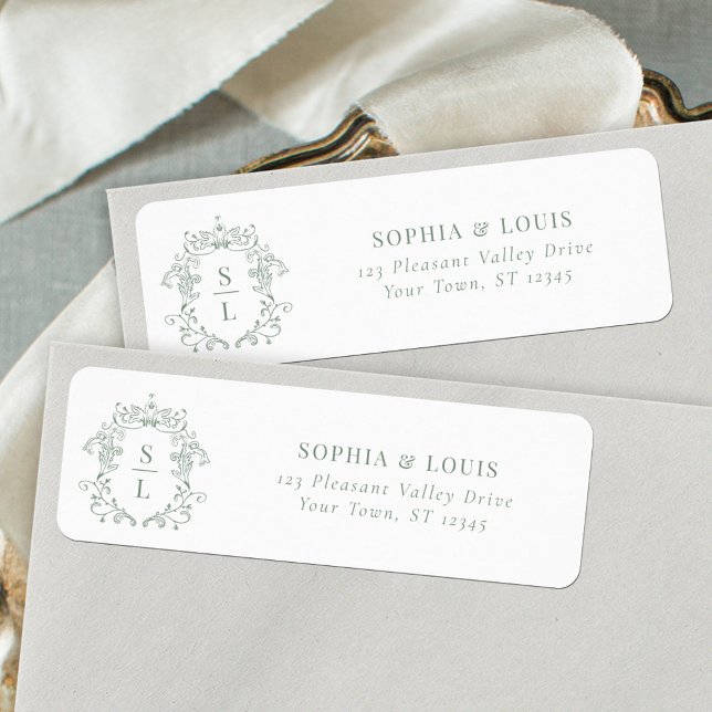 Baroque Crest Monogram Sage Green Wedding Address (Creator Uploaded)