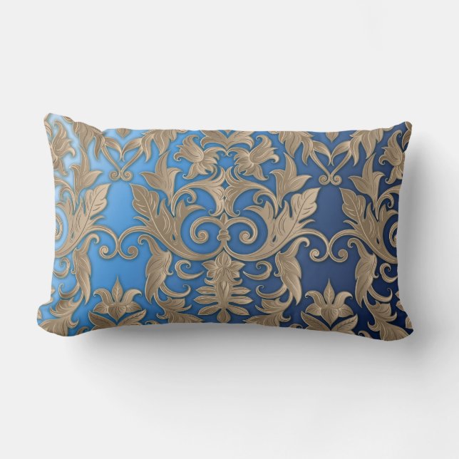 Baroque Damask Brocade Cream Beige on Blue Lumbar Pillow (Front)
