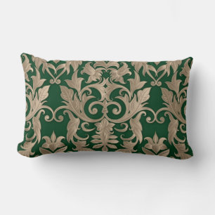Baroque Damask Brocade Creamy Beige on Green Lumbar Pillow