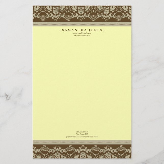 Baroque Damask Designer Stationery :: lemon (Front)