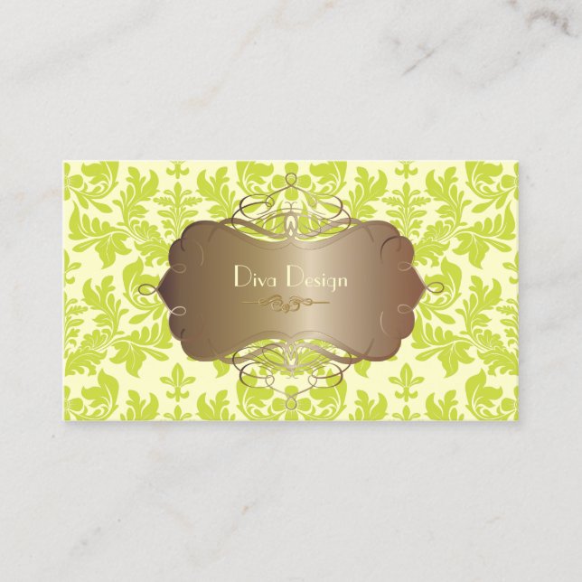 Baroque damask in lime green/chocolate brown business card (Front)
