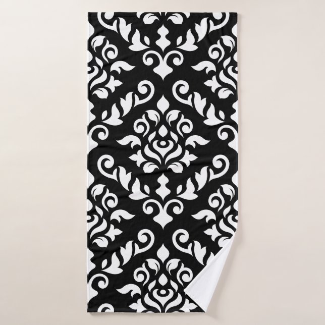 Baroque Damask Lg Ptn White on Black Bath Towel (Bath Towel)