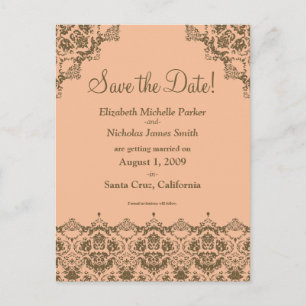 Baroque Damask Orange Lace Save the Date Postcard