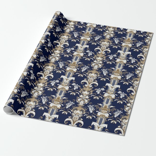 Baroque dark blue gold pattern wrapping paper (Unrolled)