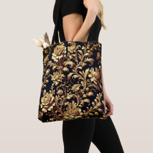 Baroque Elegance: Black and Gold Floral  Tote Bag