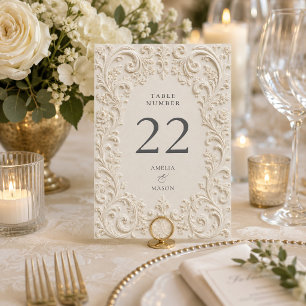 Baroque Elegant Ivory Floral Scrollwork Wedding Table Number