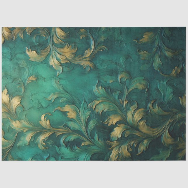 Baroque faux gold leaves ornament deep green tissue paper (Front)