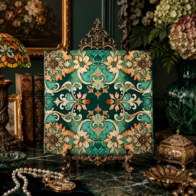 Baroque Floral Maximalist Backsplash Decor Accent Tile (Ornate copper patina Baroque floral damask ceramic tile home decor accent display on elegant easel)