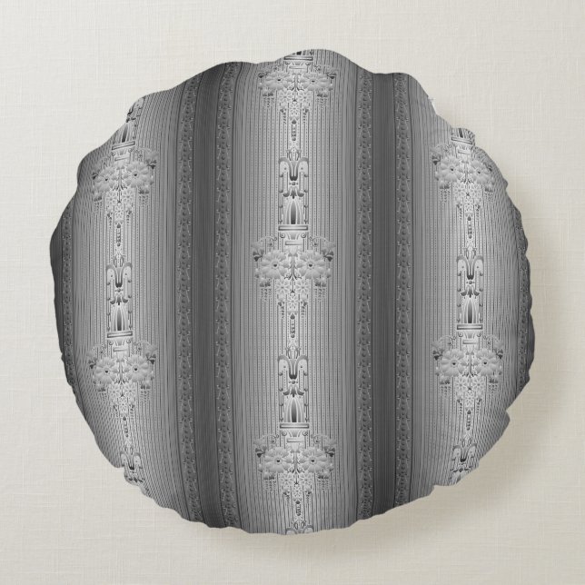 Baroque floral pattern with border grey round pillow (Back)