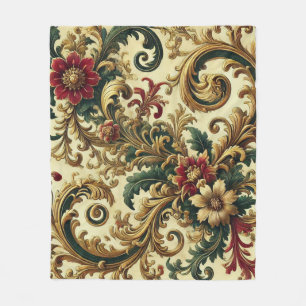 Baroque Floral Pattern with Gold, Red, Green A Fleece Blanket