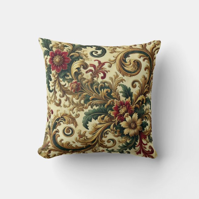 Baroque Floral Pattern with Gold, Red, Green A Throw Pillow (Front)