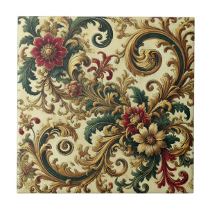 Baroque Floral Pattern with Gold, Red, Green A Tile
