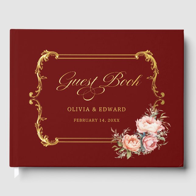 Baroque Frame, Calligraphy and Pink Peonies Guest Book (Front)