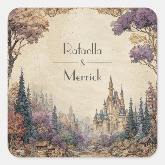 Baroque Frame Castle Forest Valley Wedding Square Sticker (Front)
