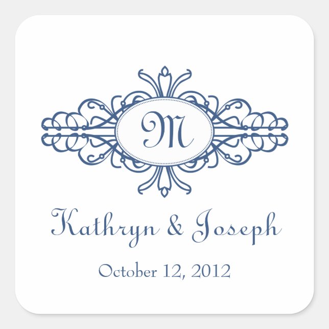 Baroque frame mongram navy blue wedding favour tag (Front)