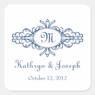 Baroque frame mongram navy blue wedding favour tag