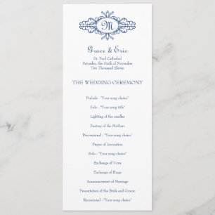 Baroque frame monogram navy blue wedding program