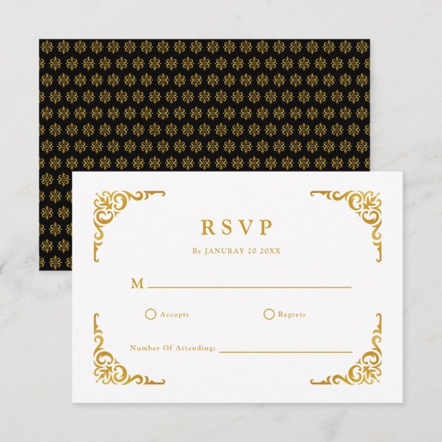Baroque Frame Royal Black and Gold Ornamental RSVP Card (Front/Back)