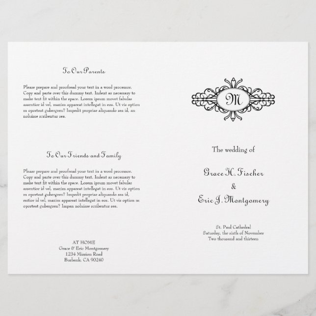Baroque frame single monogram wedding program (Front)