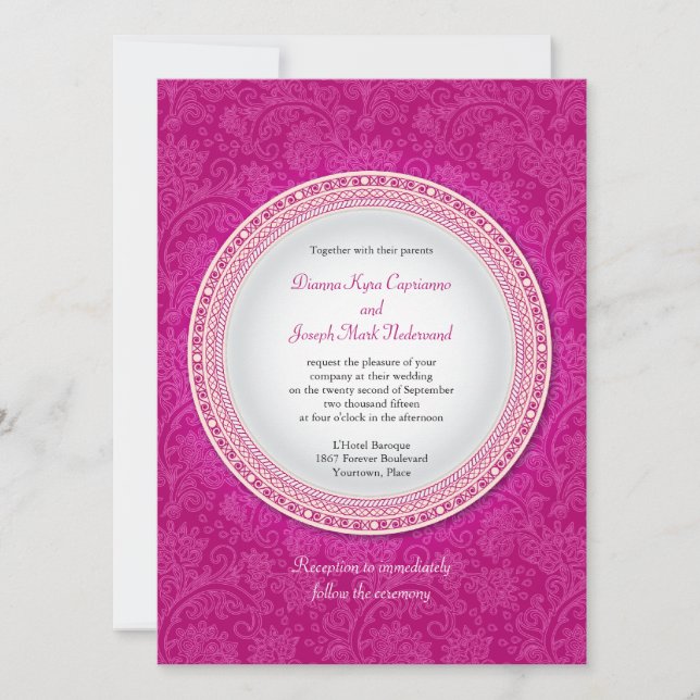Baroque Fuchsia Plaque Wedding Invitation (Front)