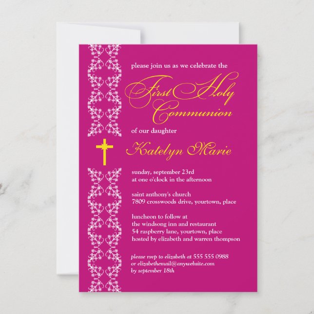 Baroque Fuchsia Strip First Holy Communion Invitation (Front)