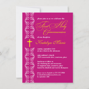 Baroque Fuchsia Strip First Holy Communion Invitation