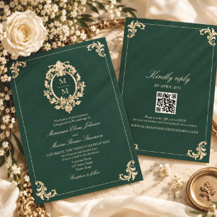 Baroque Gold and Emerald Green Wedding Invitation