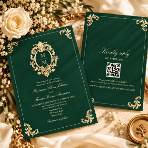 Baroque Gold and Emerald Green Wedding Invitation