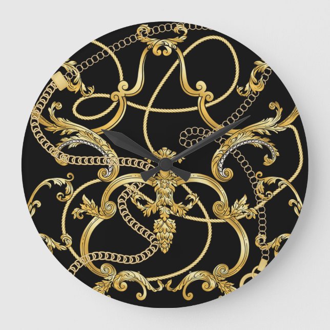 Baroque Gold Chains Seamless Pattern Large Clock (Front)