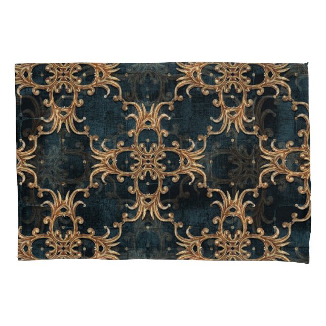 Baroque gold elements, dark teal seamless. pillowcase (Front)