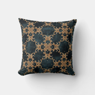 Baroque gold elements, dark teal seamless. throw pillow