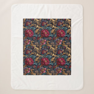 Baroque Gold Filigree & Moody Crimson Floral Seaml Sherpa Blanket