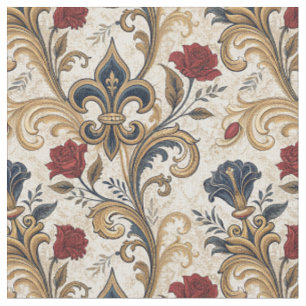 Baroque Gold Fleur-de-Lis & Roses Floral Damask Fabric