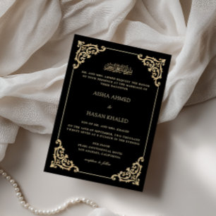 Baroque Gold Frame Romantic Black Muslim Wedding Invitation