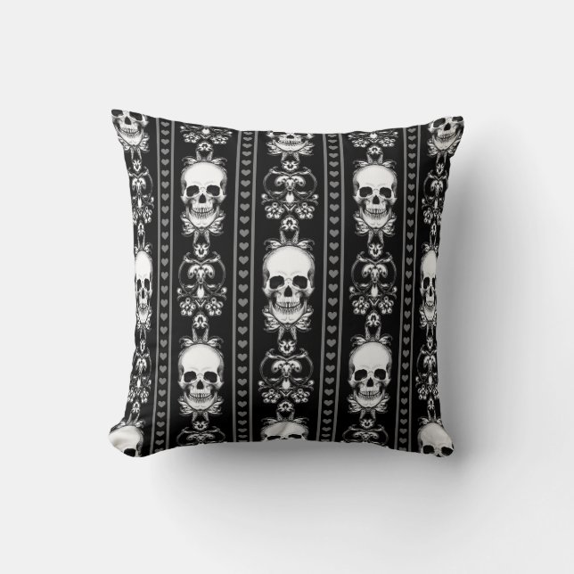 Baroque Gothic Skull Stripe Throw Pillow (Front)
