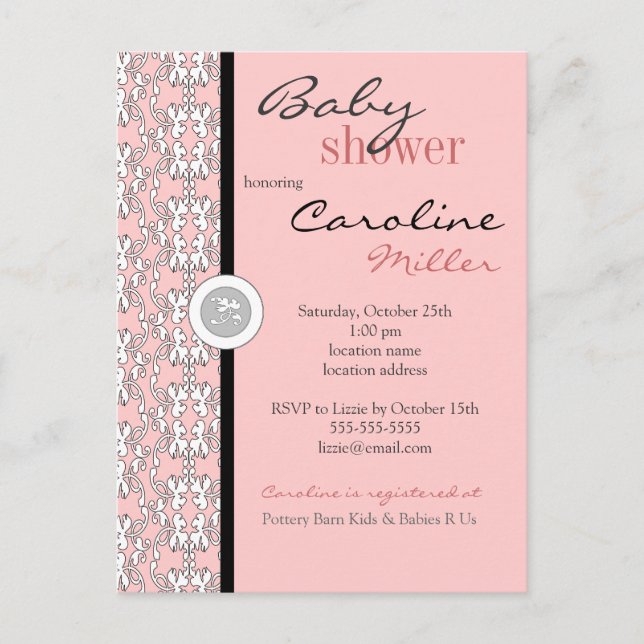 Baroque in Pink Baby Shower Invitation Postcard (Front)