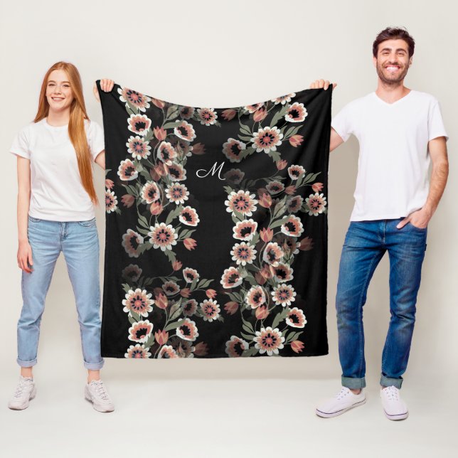 Baroque-Inspired Botanical Soft Pinks and Greens Fleece Blanket (In Situ)