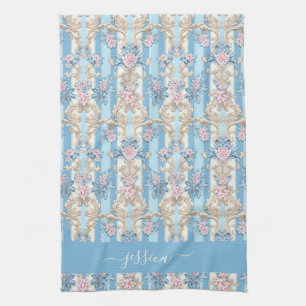 Baroque light blue script name kitchen towel